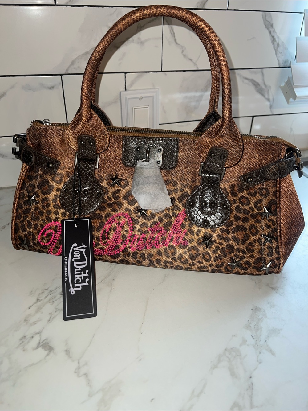 Von Dutch Brown Leopard Print Satchel with Pink Script